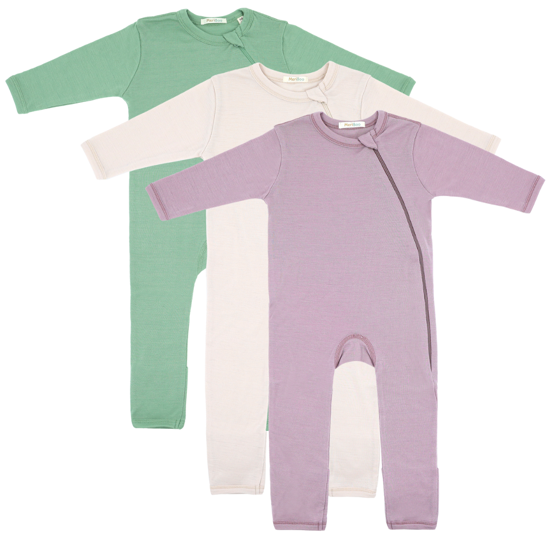 Set de 3 salopete din lână merinos 100% organică cu fermoar lateral