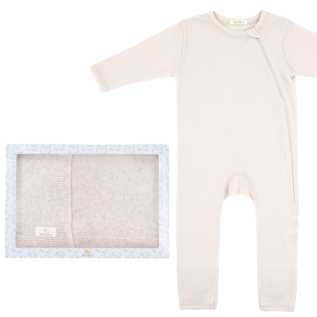 MeriBoo set - salopetă + păturică din lână merino certificată „Sweet Dreams”