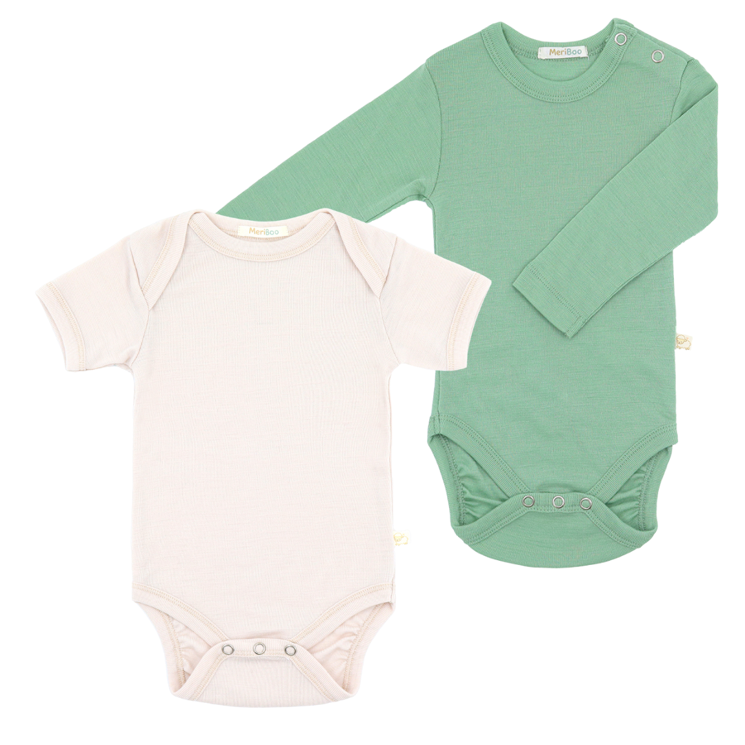 Set of 3 long-sleeved bodysuits with a round neckline made of 100% organic merino wool