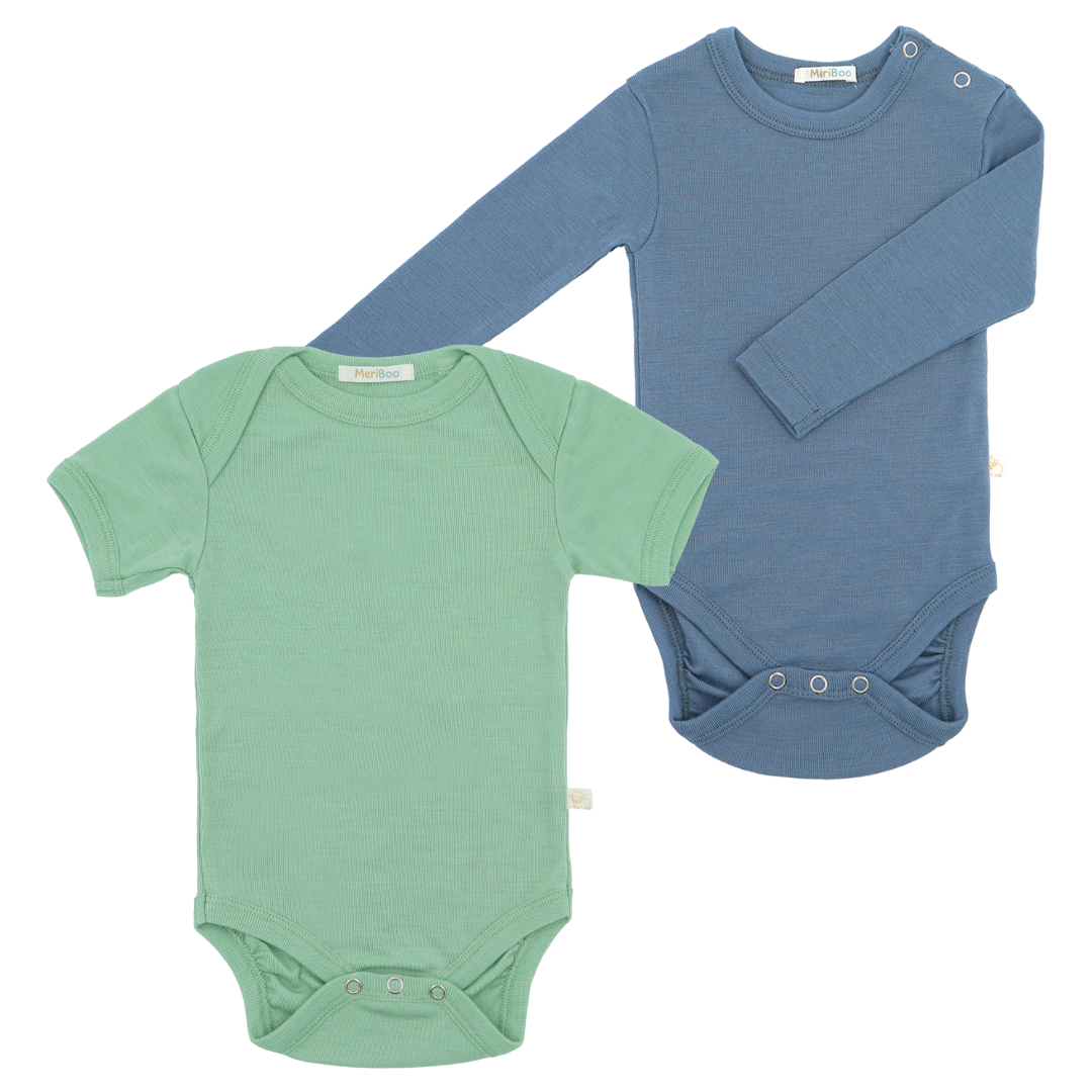Set of 3 long-sleeved bodysuits with a round neckline made of 100% organic merino wool