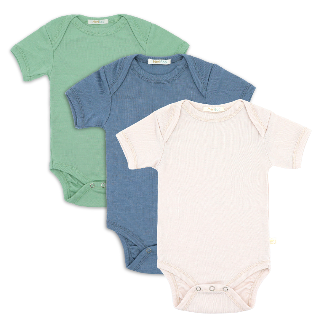 Set of 3 short-sleeved bodysuits made of 100% organic merino wool