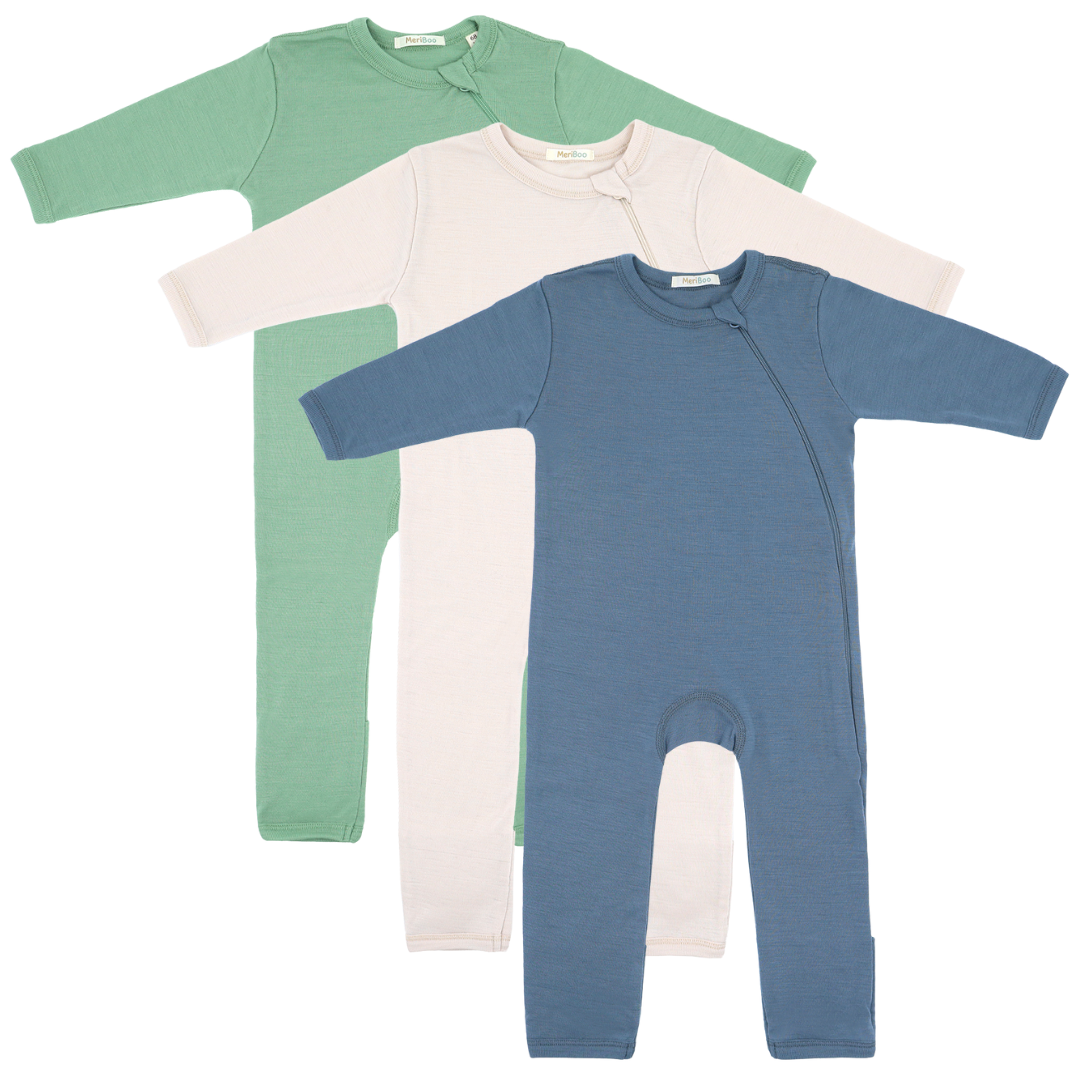 Set of 3 100% organic merino wool jumpsuits with side zip