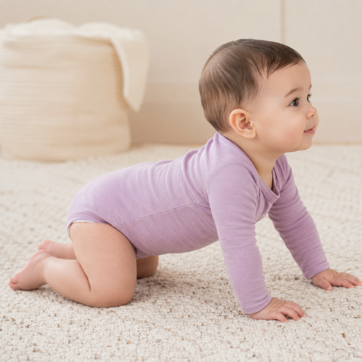 Long-sleeved round-neck bodysuit made from 100% certified fine merino wool