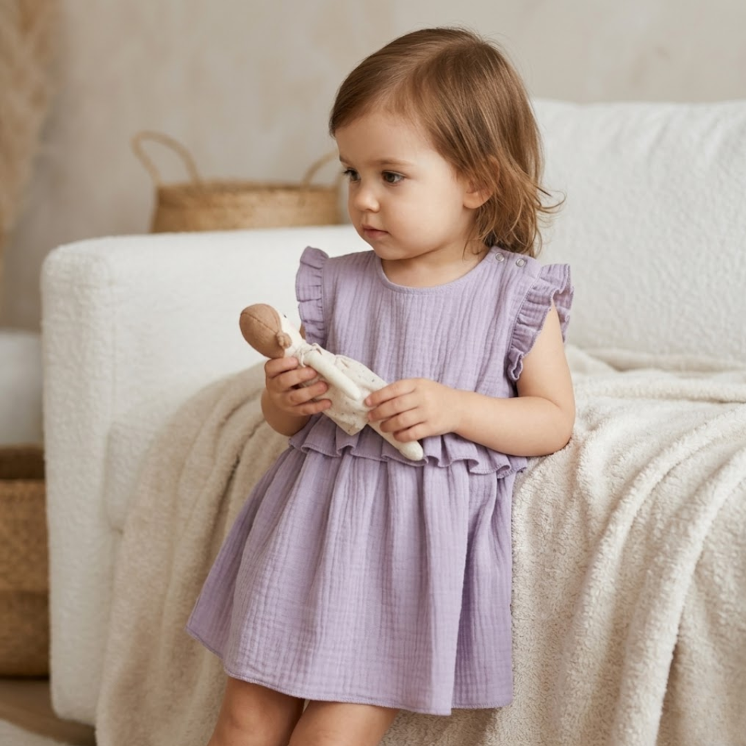 Rochie „Soft Breeze” din 100% muselină organică cu nasturi pentru îmbrăcare ușoară