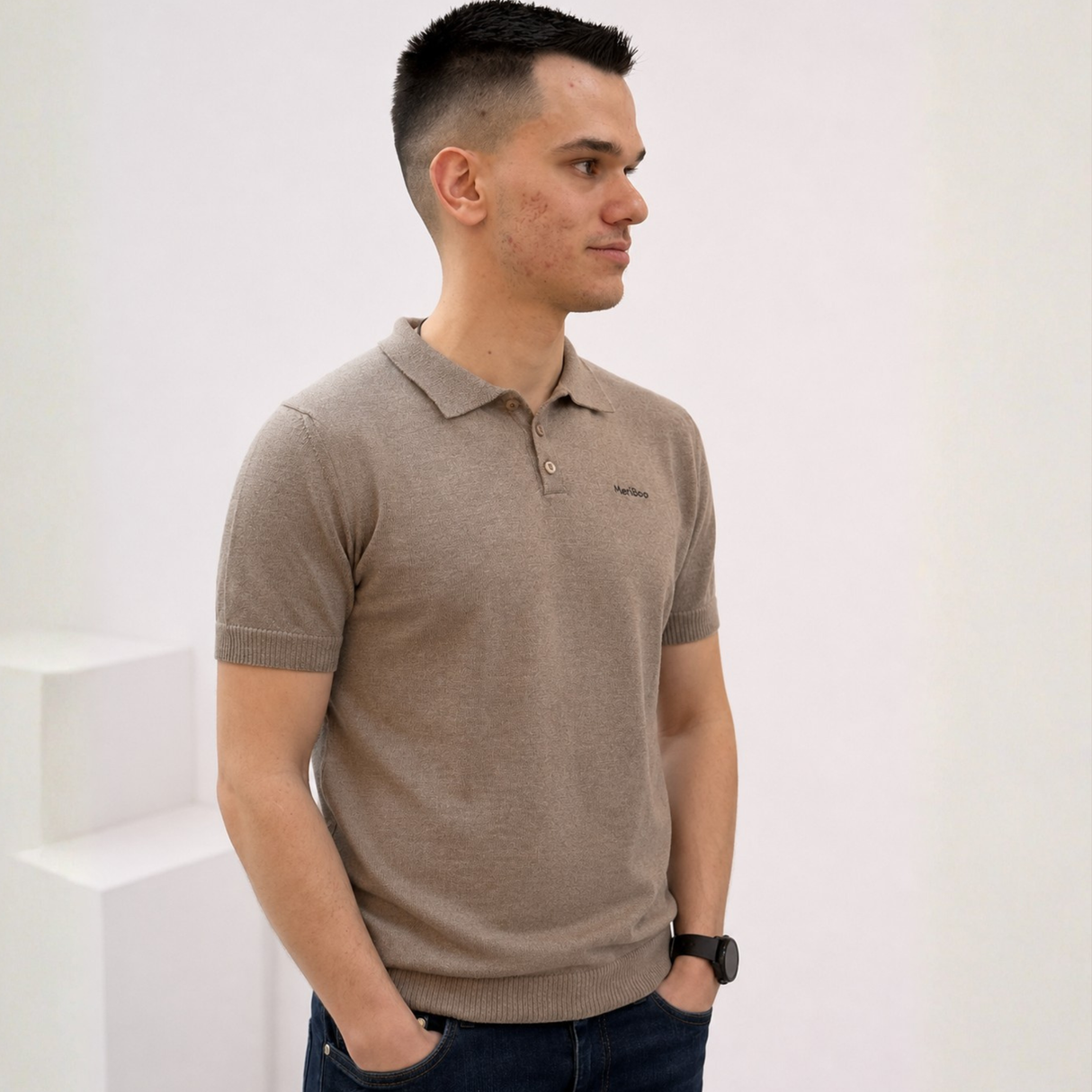 Bluză tricotată pentru bărbați cu guler din 100% lână merino organică